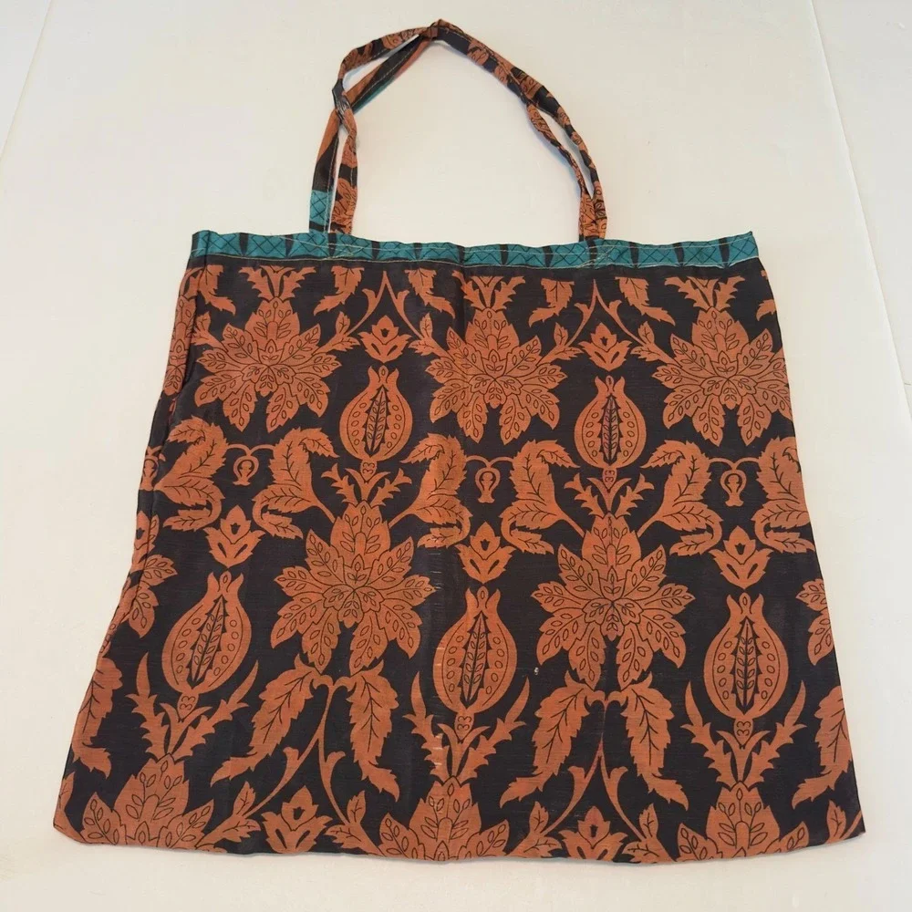Boho Damask Floral Scarf Tote Bag Black Orange Teal Lightweight Reusable Shopper